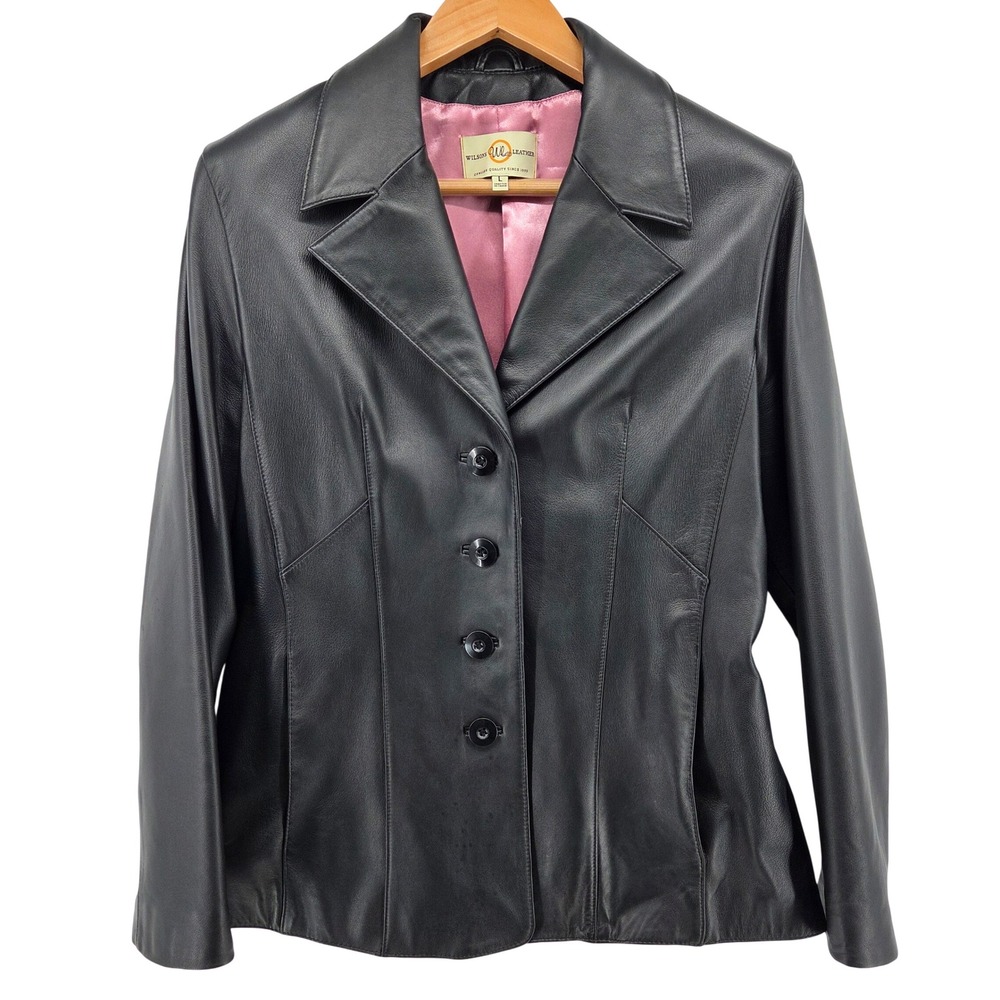Wilsons Leather Black Leather Blazer Jacket Button Up Women's Size L Pink Lining